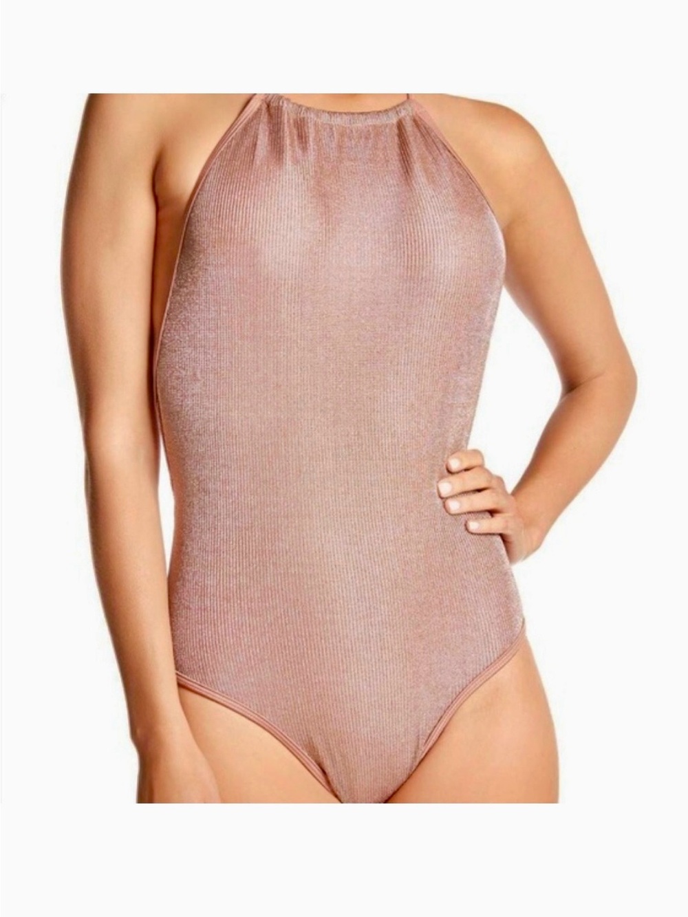 Sam Edelman Rose Gold Metallic Mesh Halter Vacation Glam Open Back Swimsuit-Med